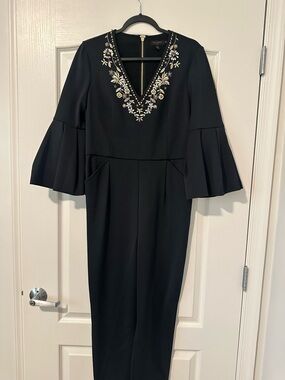 Ted Baker Black Midi Dress with Embellished V-Neck